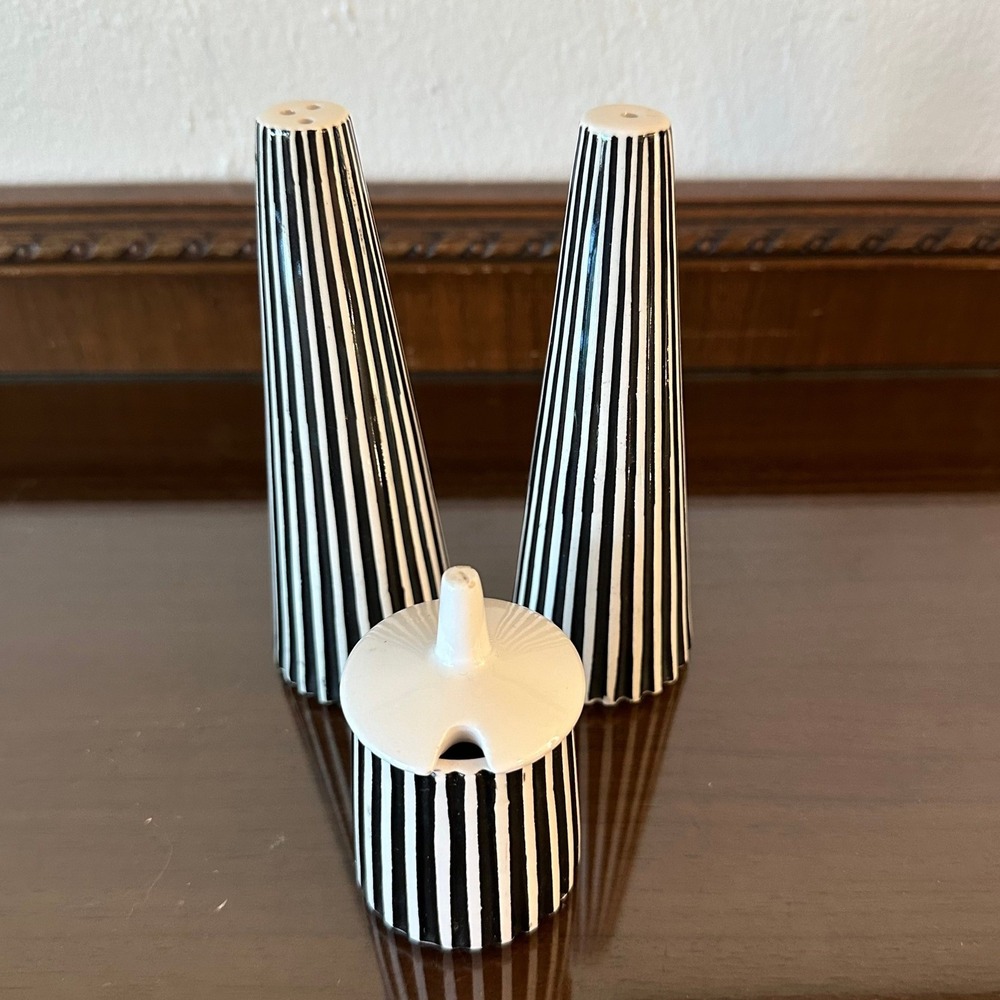 Hornsea Pottery Black White Striped Salt Pepper Shakers Mustard Pot Set Ceramic